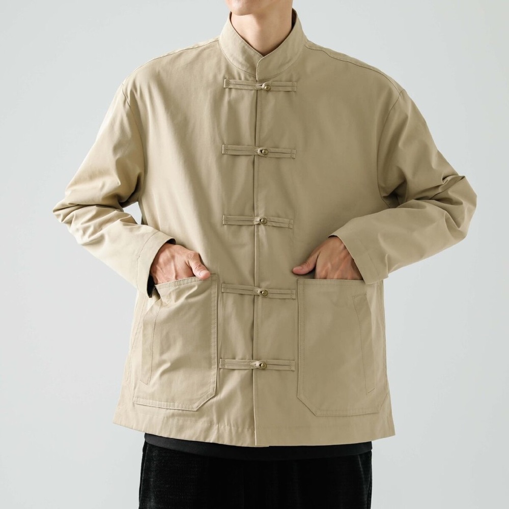 Shanghai Tang tan with blue and white liner 100% cotton Jacket